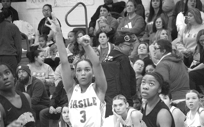 Basile sophomore Garryn Ivory fires up a three-pointer in Basile’s 45-33 win over Eunice on Tuesday night. Ivory led all scorers with 24 points. (LSN photo by Rhett Manuel)