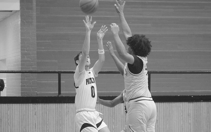 Ashton Deville (0) goes for a basket in Pine Prairie’s 52-37 win over False River. (Gazette photo by Tony Marks)