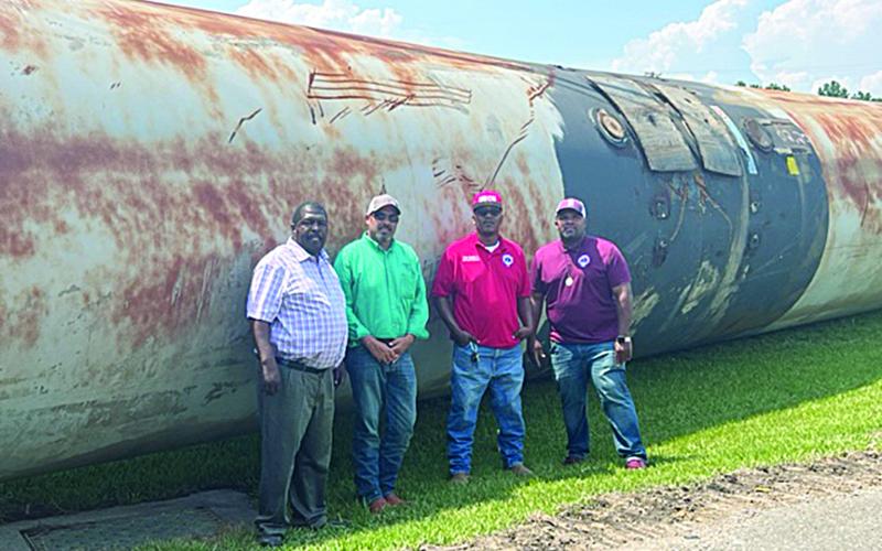 From left are Evangeline Parish Police Juror Daniel Arvie, Evangeline Parish Public Works Director Jody Snoddy, Ville Platte Street and Drainage Superintendent Challis Green, and Ville Platte Mayor Ryan Leday Williams. (Gazette photo by Tony Marks)