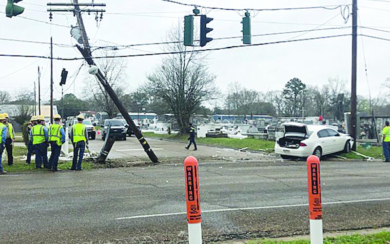 Pictured is the scene where a sheriff’s deputy crashed with a vehicle at the Old Ville Platte Cemetery. (Gazette photo by Monique Ardoin)