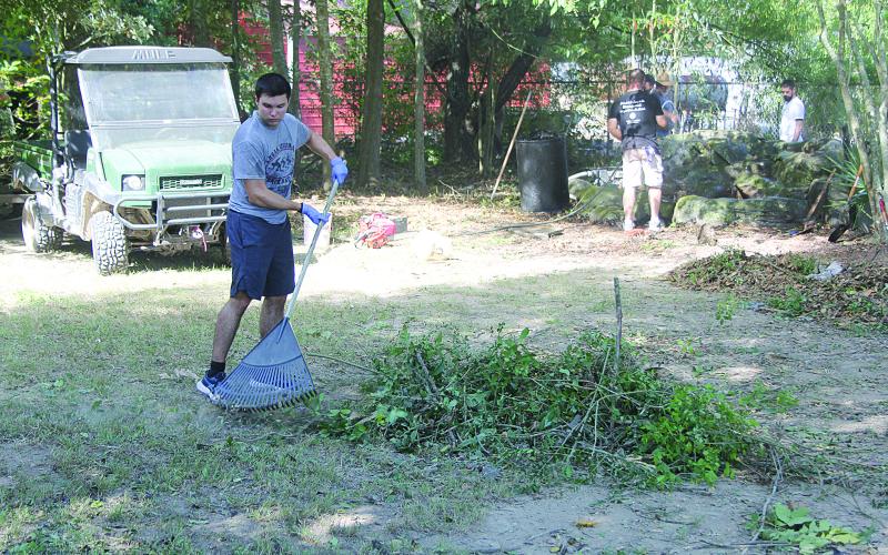 Fr. Alex Lançon, new parochial vicar of Sacred Heart of Jesus Catholic Church, rakes leaves and branches.
