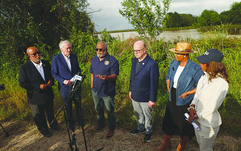 From left, U.S. Rep. Bennie Thompson, Sen. Edward J. Markey, Rep. Troy Carter, Rep. Jim McGovern, Rep. Ayanna Pressley and Alanah Odoms, executive director of the ACLU of Louisiana, speak with reporters during a news conference held Tuesday, April 22, 2025, outside an ICE detention facility in Basile. (John Gray/Verite News)