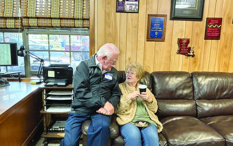 Swamp Pop musician and former St. Landry Parish District Attorney Earl Taylor (left) visits with Sharon Fontenot (right), the curator of the Louisiana Swamp Pop Museum, during an open house held inside the  studio.