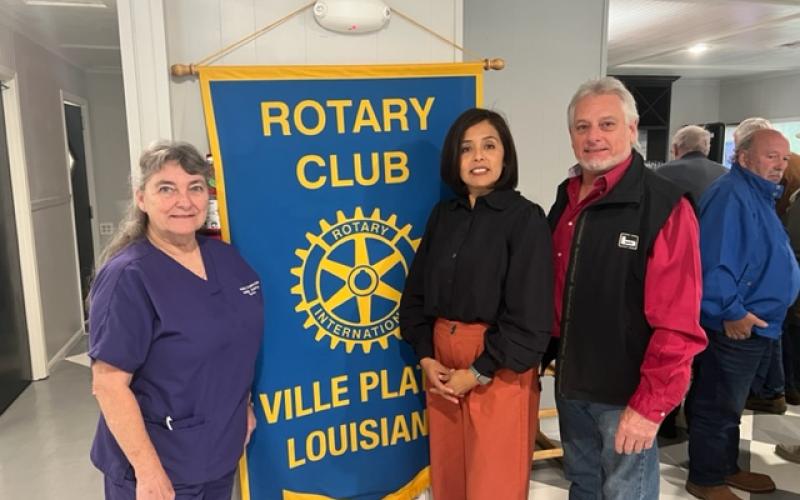 Pictured from left are Rotarian Patricia Duplechain, Pastor Sahari Sawtelle, and Rotary President Larry Lachney. (Gazette photos by Tony Marks)