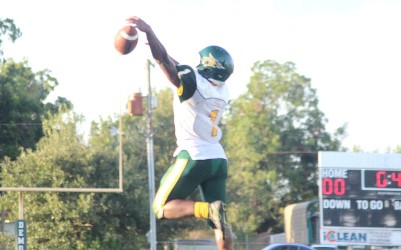 A Mamou receiver, Jerez Edwards, leaps up to grab a pass against the Panthers. (Gazette photo by Rhett Manuel)