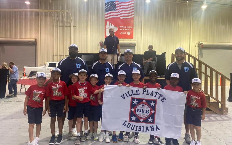 The 7U Coach Pitch All-Stars from Ville Platte competed in the Dixie Youth World Series in Laurel, Miss. Team members are Carter Edwards, Paxton Monier, Edwin Bias Jr., Emile Deville, Luca Dupre, William Fontenot, Hudson Lafleur, Jayvian Campbell, Walker Hebert, Andress Eades, and Canaan Nicks; and coaches are Rodney Hebert, Patrick Fontenot, Edwin Bias, and Nick Monier. (Photo courtesy of Brittany Monier)
