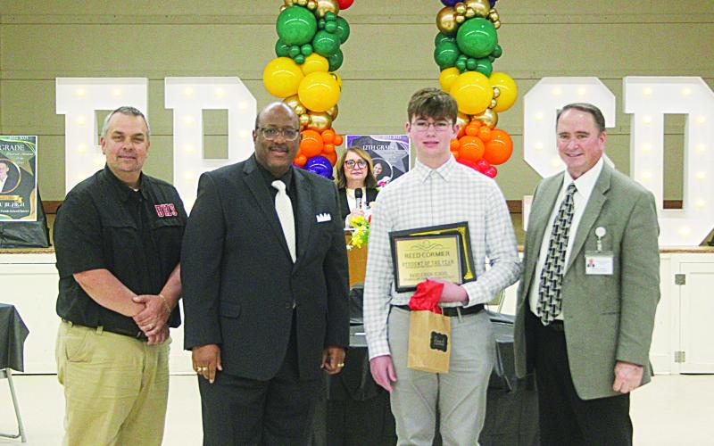L-R: Basile Principal Tony Bertrand, Superintendent Darwan Lazard, 8th Grade Student of the Year Reed Cormier, and Assistant Superintendent Michael Lombas. (Gazette photo by Tony Marks)