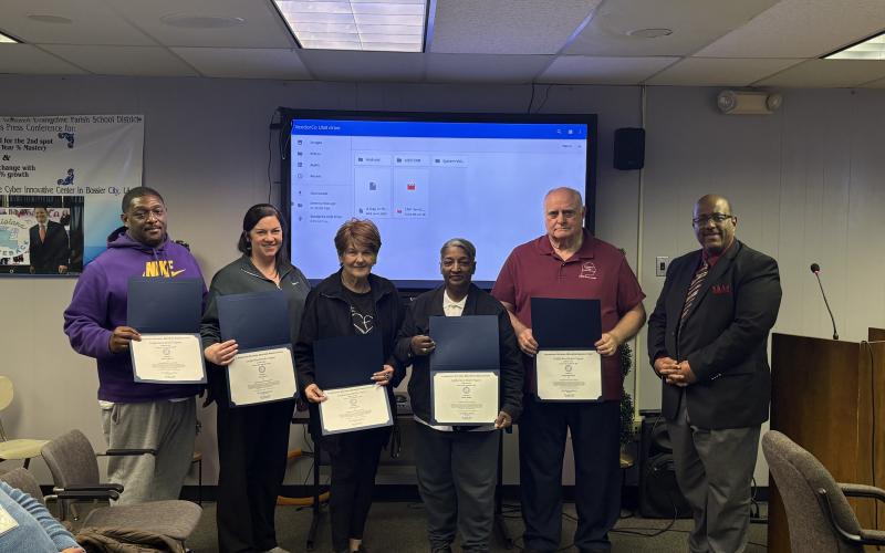 Pictured are the members of the Evangeline Parish School Board who were recognized as being certified board members by the Louisiana School Board Association. From left are Calvin Leday, Kristie Briley, Fannie Soileau, Vice President Sheila Joseph, President Bobby Hamlin, and Superintendent Darwan Lazard. (Gazette photo by Tony Marks)