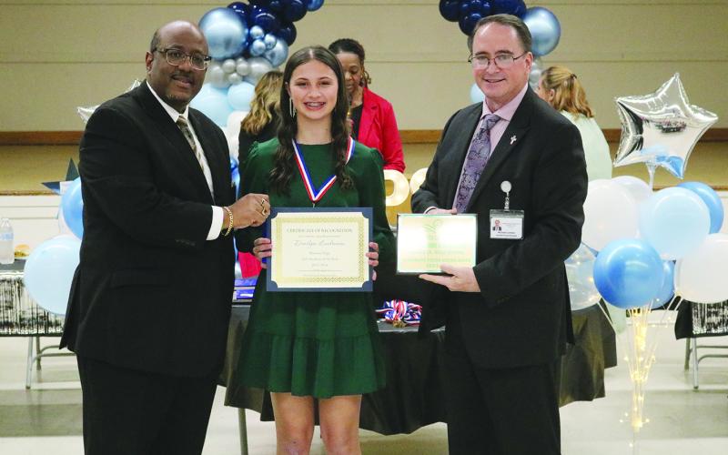 From left are Superintendent Lazard, MJH 8th grade JAG student of the year Danilynn Landreneau, and Assistant Superintendent Lombas.