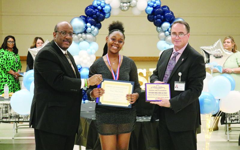 From left are Superintendent Lazard, ERA 7th grade JAG student of the year Tiana McClendon, and Assistant Superintendent Lombas.