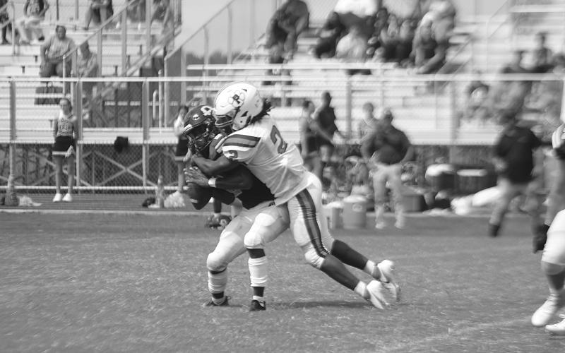 Elijah George (2) sacks Oberlin’s quarterback Colby McMahon in Pine Prairie’s 34-13 loss Saturday morning. The Panthers now host Livonia tomorrow night. (LSN photo by Tony Marks)