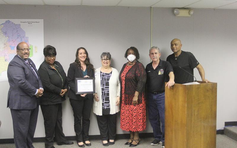 From left are Supt. Lazard, board members Georgianna Wilson, James Stephens Montessori Principal Melanie Bordelon, LeCompte, and board member Wanda Skinner, Arthur Savoy, and Ellis Guillory. (Gazette photo by Tony Marks)