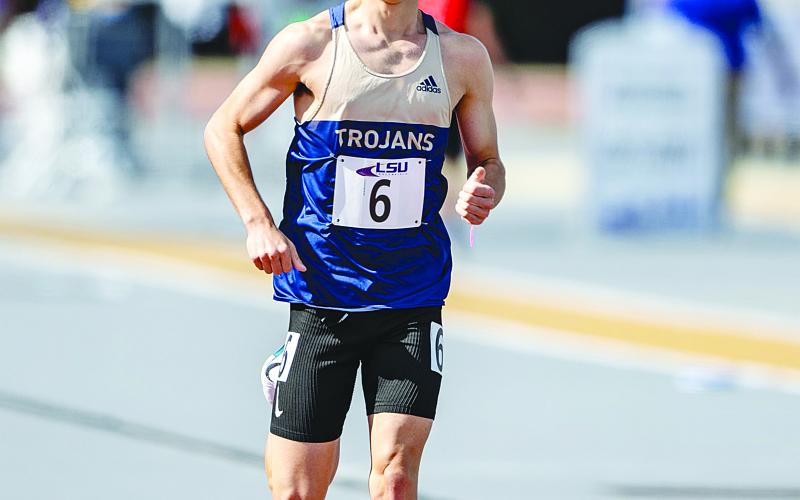 Jackson Soileau, of Sacred Heart, is pictured as he competes at the state outdoor track meet. (Photo by Matthew Louviere)