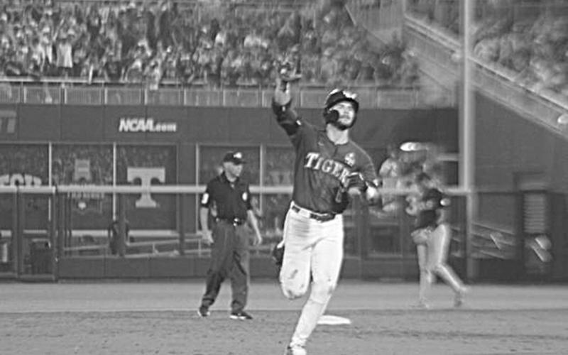 LSU’s Brayden Jobert (6) reacts as he circles the bases after hitting a home run against Tennessee in the Tigers’ opening game of the College World Series. (LSN photo by Tony Marks)