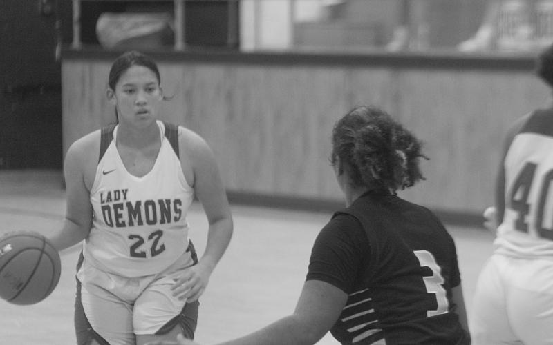 Maddie Fontenot (22) joined the 1 thousand point club during her team’s 55-51 loss against Kaplan. (Gazette photo by Rhett Manuel)