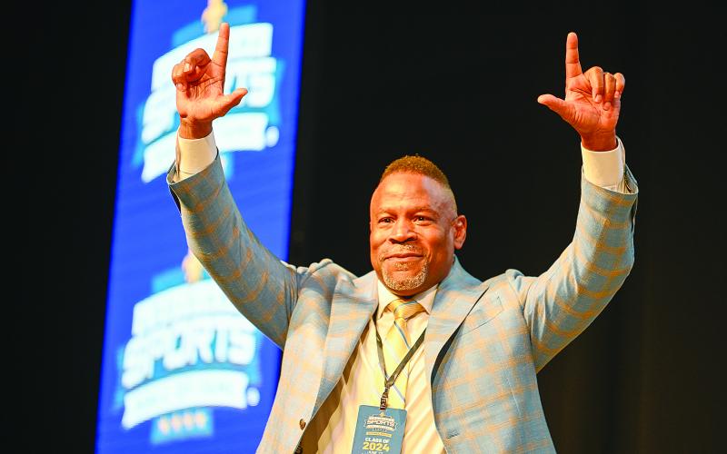 Kevin Jackson greets the crowd during the Louisiana Sports Hall of Fame induction ceremony on Saturday, June 22. (Photo by Bret McCormick)