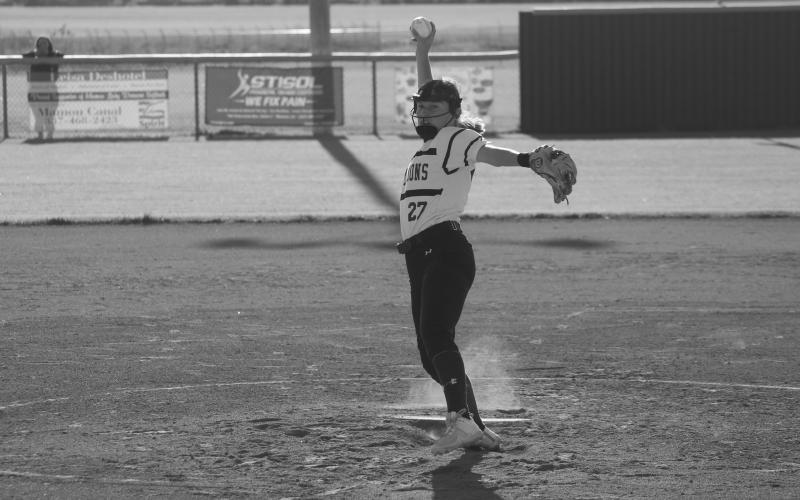 Mamou starting pitcher Jennifer Fontenot (27) delivers a pitch against Kinder. (Gazette photo by Rhett Manuel)