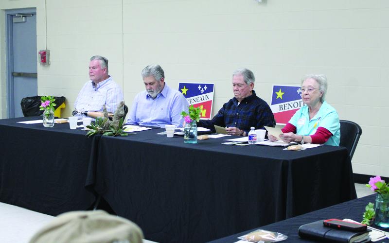 Leading discussions and planning for the planning meeting/working breakfast held by Louisiane Acadie, Inc., on Thursday, Feb. 29, at the Mural Room of the Rayne Civic Center Complex were, from left, John Broussard, Randy Menard, Michael VIncent and Gayle Breaux Smith. (LSN photo by Lisa Soileaux)