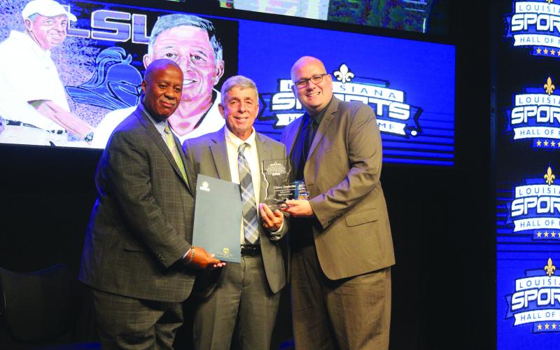 JUNE 30 - From left are State Senator Boudreaux, Louisiana Sports Hall of Fame Inductee Claney Duplechin, and Louisiana Sports Writers Association President Partsch III. (Gazette photos by Tony Marks)