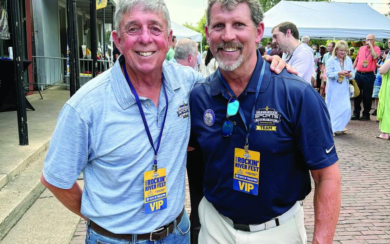 Robert Soileau (right) is pictured with 2022 LSHOF inductee Claney Duplechain, of Mamou (left). (Gazette photo by Tony Marks)