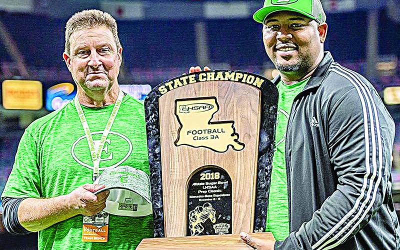 Newly hired Mamou head football coach Laquintin Lamb is pictured on the right with former Eunice head football coach Paul Trosclair after the Bobcats won the 2018 Allstate Sugar Bowl LHSAA Prep Classic in Class 3A. (Photo courtesy of Laquintin Lamb)