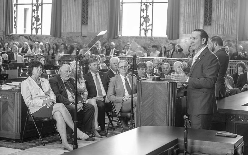 Gov. Jeff Landry addressed the opening session of the Legislature Monday. Among those seated in the front row is State Senator Heather Cloud (R-Turkey Creek). (Photo by John Ballance/ The Advocate)