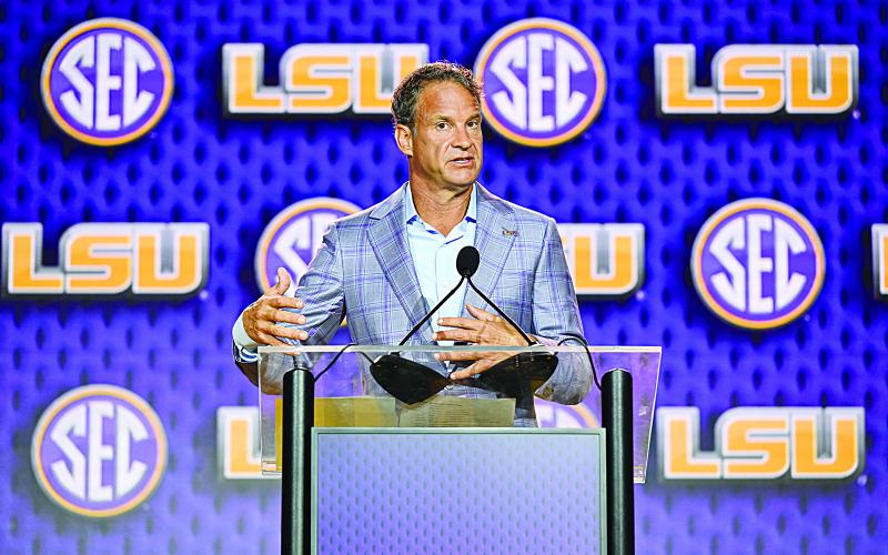 LSU head football coach Lane Kiffin addresses members of the media on the final day of SEC Media Days in Tampa, Fla. (Photo courtesy of Dave Wilson)