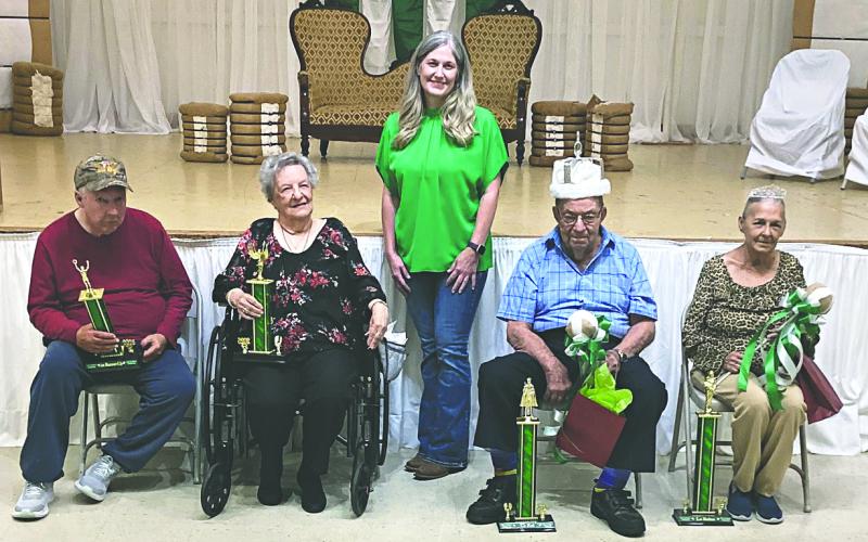 LE ROI ET LA REINE CROWNED - Shown, from left, are runners-up Byron Faul and Janella Soileau, Louisiana Cotton Festival Association President Kimberly McDaniel, Le Roi James Bordelon and La Reine Susan Graser. (Photo courtesy of Heritage Manor)