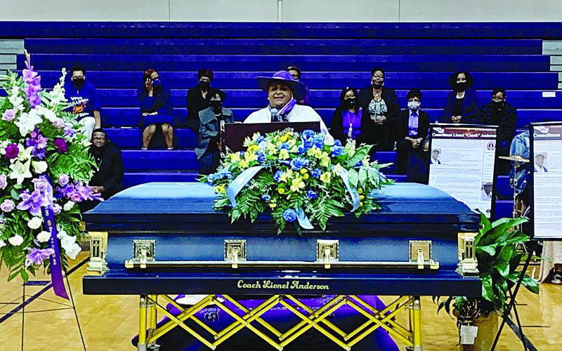Ville Platte Mayor Jennifer Vidrine delivers her remarks during the funeral service for city councilman and former coach Lionel Anderson. (Gazette photo by Nancy Duplechain)