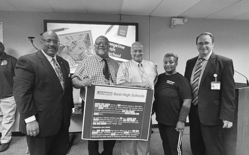 Mamou High School received recognition during the school board meeting Wednesday, October 4. From left are Superintendent Darwan Lazard, former principal Rico Guillory, principal James “Doug” Fontenot, Sheila Joseph and Assistant Superintendent Mike Lombas. (Gazette photos by Heather Bogard)
