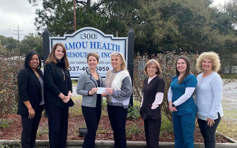 Ladonna Guillory, head teller in Mamou; Melissa Bellard, employee of Mamou Health Resources; Kitty Jo Deshotel, branch Manager; Vicky Hundley, CEO of Mamou Health Resources; and Mamie Bellard, Adrienne Brown, and Rachel Rider, employees of Mamou Health Resources