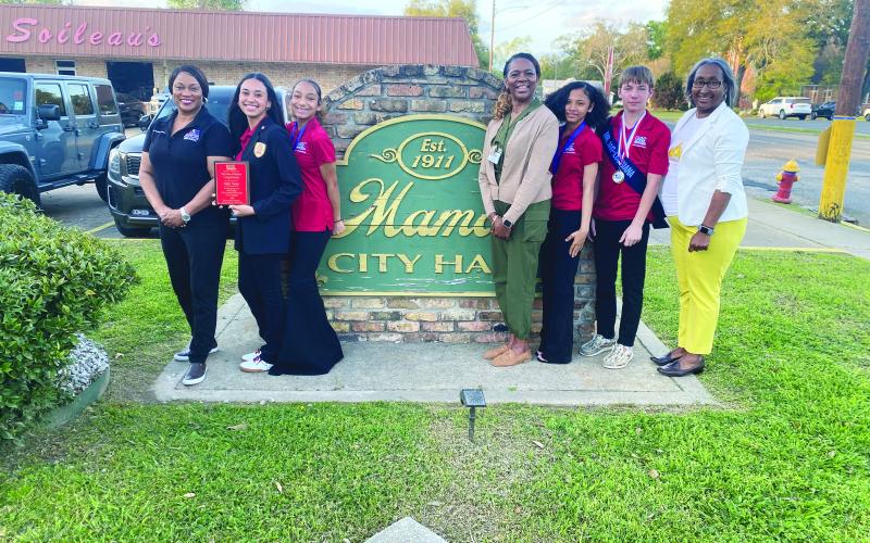MAMOU JR HIGH JAG STUDENTS RECOGNIZED -  During the Mamou Town Council meeting held Wednesday, March 13, the Mamou Junior High School JAG students were recognized. Shown, from left are JAG Specialist Dianna Freeman Johnson, Louisiana JAG Junior High President Bentlie Thomas, Madison Lejeune, JAG Specialist Carlene Ardoin, Addison Young, Benjamin Soileau and Mamou Junior High School Principal Lisa Celestine. (Photo courtesy of Dianna Freeman Johnson)
