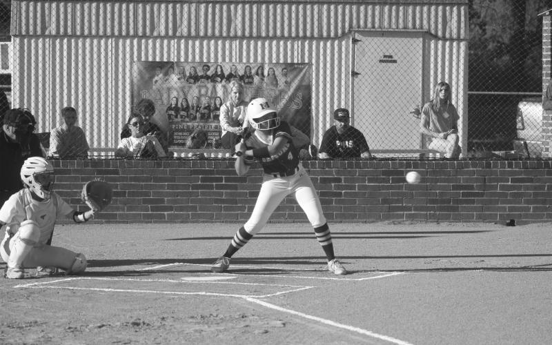 Kaityn Fontenot (4) waits for a pitch to cross the plate in a Mamou softball game against Pine Prairie earlier this season. (Gazette photo by Tony Marks)