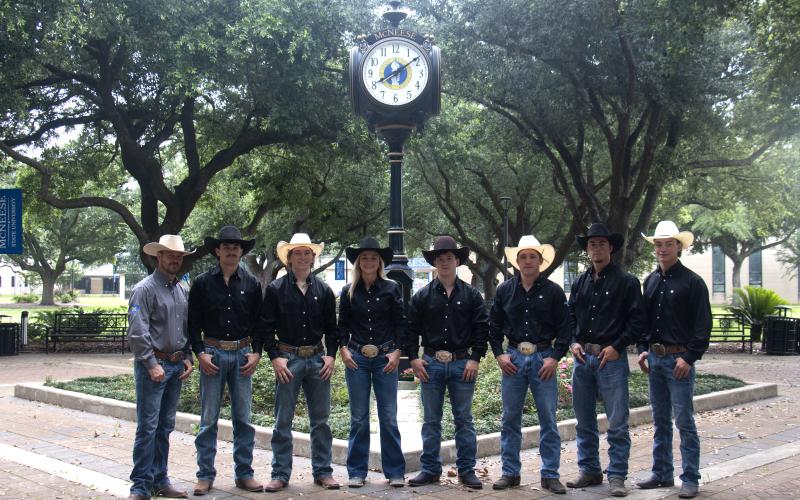 McNeese Rodeo team members going to the College National Finals Rodeo in Casper, Wyoming. Pictured left to right is Coach Justin Browning, Drew Bordelon, Caleb Miller, Kamryn Duncan, Kash Martin, Isaac Richard, Jude Leonards and Kash Krogman. Not pictured is Brad Hesnor. (Photo courtesy of McNeese State University)