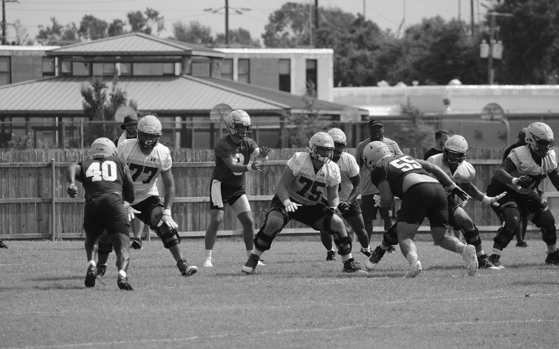 McNeese senior quarterback Cody Orgeron puts his hands out to receive the snap while offensive linemen Hayden Shaw (75) and Nick Holiday (77) jump up to block Cowboy defenders Isaiah Chambers (40) and Joey McNeely (55) during a fall camp practice. (LSN photo by Raymond Partsch III)