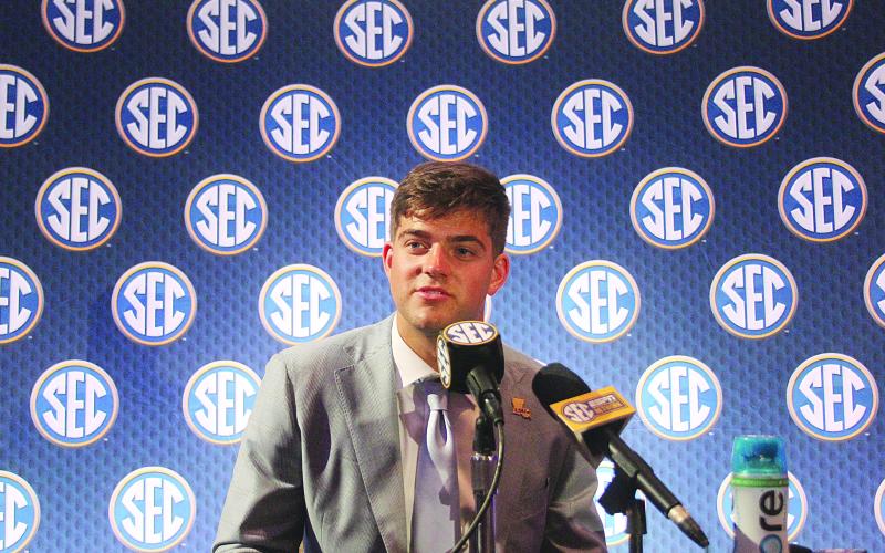 LSU quarterback Gus Nussmeier answers questions from reporters on the first day of SEC Football Media Days in Dallas. (Gazette photo by Tony Marks)