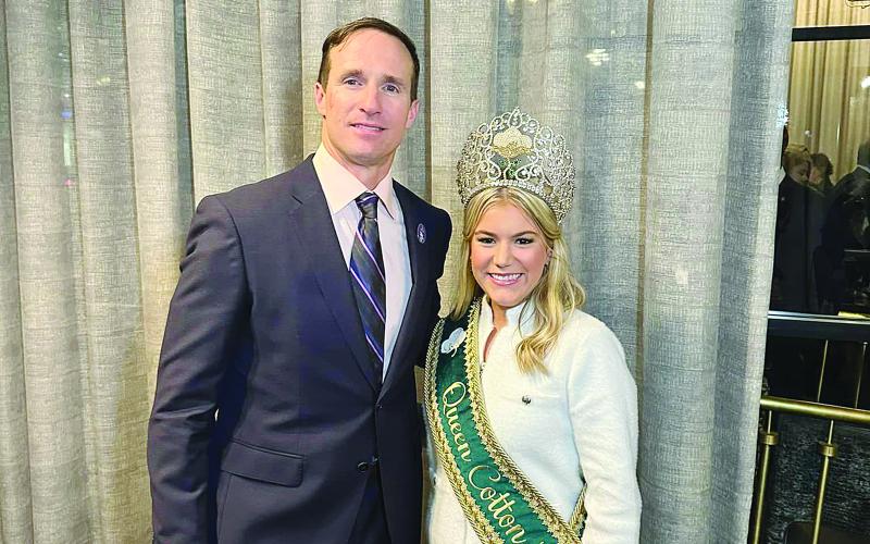 Queen Cotton Amelia Mickal is pictured with former New Orleans Saints Quarterback Drew Brees (right photo). Brees served as king of this year’s Washington Mardi Gras and will be among the Louisiana Sports Hall of Fame inductees later this year. (Photos courtesy of Tim Mickal)