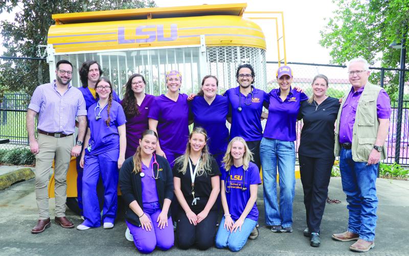 From left (back row), the team that assisted with the exam and dental cleaning performed on Mike VII on April 7, 2025, was Dr. Wesley Burnside, Dr. Patrick Hall, Dr. Kelsea Hill, Meg Quinn, Dr. Melissa Blazevich, Leigh Ann Burton, Dr. Gabriel Castro Cuellar, Dr. Paricia Queiroz, Dr. Renee Carter, Dr. Rhett Stout, (seated from left) Baylee Weems, Madison Vicknair, and Dr. Heather Gozzard.