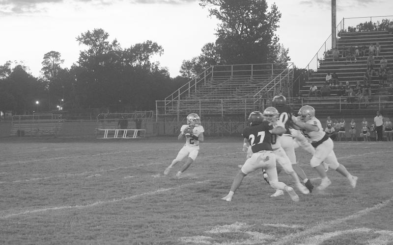 Sacred Heart quarterback Ellis Fusilier (2) drops back in the pocket and looks to deliver a pass in Trojans’ 42-0 loss against the Opelousas Catholic Vikings to begin district play. (Gazette photo by Tony Marks)