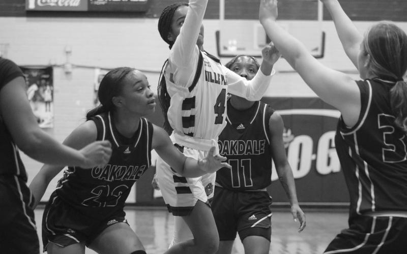 Janiah Leday (4) led her Ville Platte Lady Bulldogs with 9 points in a 56-26 loss to the Oakdale Lady Warriors at home on Tuesday, December 12. (Gazette photo by Tony Marks)