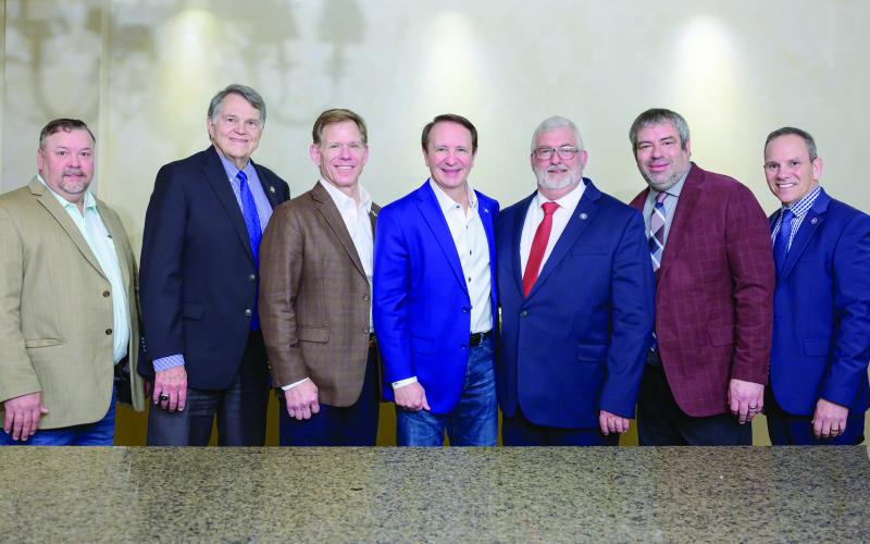 PJAL Executive Board members pose with Governor Jeff Landry. Pictured from, left to right, are Bryan Vidrine from Evangeline Parish, Doug Rimmer from Bossier Parish, Robby Miller from Tangipahoa Parish, Governor Jeff Landry, President Craig Smith from Rapides Parish, Kenny Haymon from Vernon Parish, and PJAL Executive Director Guy Cormier from St. Martin Parish. (Photo courtesy of Zydeco Studios)