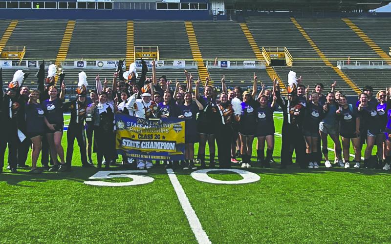 The Pine Prairie Marching Band celebrates being named the State Class 2C champions at the State LMEA marching competition held at McNeese State University in Lake Charles on Tuesday, November 5. (Photos courtesy of Pine Prairie Band Boosters)