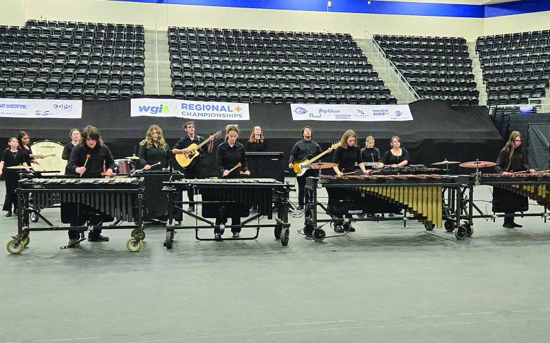Pictured is the Pine Prairie Percussion Ensemble that competed in the Winter Guard International Dallas Regional Championships. The group also competed in the Magnolia Performing Arts State Championships. Among those who competed are Kayden Soileau, Camren Vidrine, Annalise Melancon, and Claire White. (Photo courtesy of Taylor Naquin)