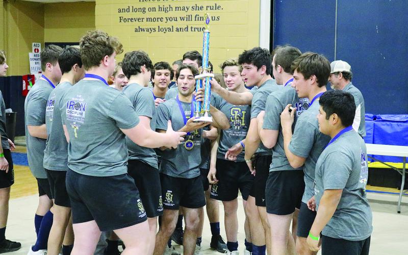 The Sacred Heart Trojans are pictured as they celebrate with the first place trophy. Team members include Jesse Johnson, Alex Estilette, Lane Perry, Gavin Patin, Kain Fontenot, Sam Richardson, Isaiah Rion, Owen Johnson, Andre Fuselier, Beau St. Romain, Abram Manuel, Justin Castille, Evan Fontenot, Ashton Janice, Aaron Do, Alex Pitre, Bailey Perrodin, Rhett Lejeune, Alex Clark, Ashton Boney, Kolton Lafleur, and Sam Lafleur.