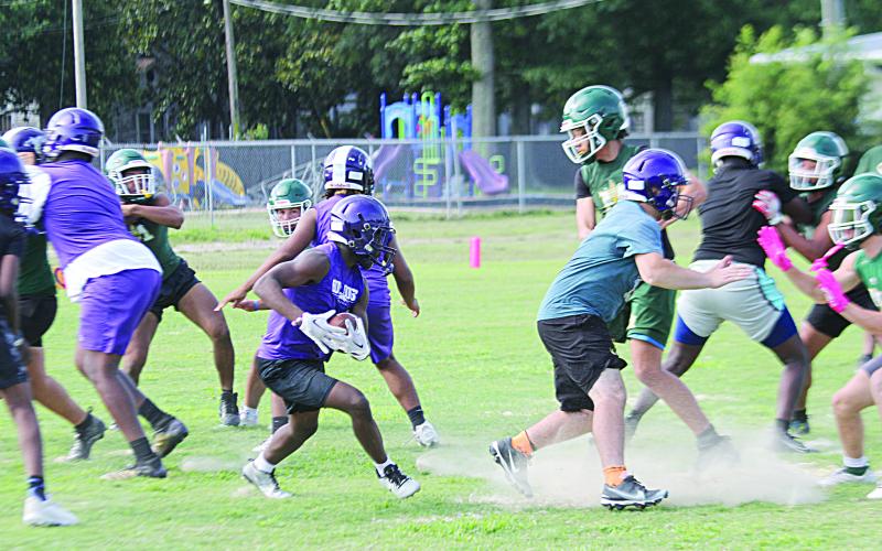 The Ville Platte Bulldog and Mamou Green Demon football teams came together for an interscholastic practice on Wednesday morning. For first-year head coaches Christopher Bland and LaQuintin Lamb, the goal of the practice was to give their teams live competition that will make them better for the upcoming season. The ultimate goal for both, though, is to help rebuild Evangeline Parish football as a whole to the place of prominence they feel it deserves. (Gazette photo by Rhett Manuel)