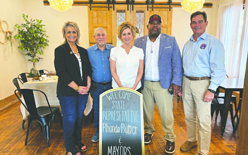 LOCAL LEADERS MEET WITH REPRESENTATIVE BUTLER - Mamou mayor Leisa Deshotel, Turkey Creek mayor Bert Campbell, Ville Platte mayor Ryan Leday Williams and Ville Platte City Clerk/Treasurer Donald Bergeron recently met at the Mou Latte in Mamou to discuss economic development and needs of the parish municipalities. Shown, from left, are Deshotel, Campbell, Butler, Williams and Bergeron. (Photo courtesy of the Mou Latte)