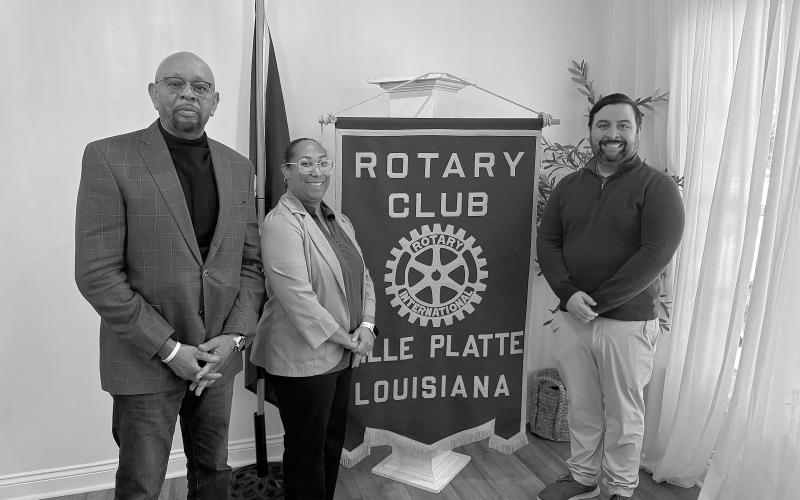 From left are Rotarian Clem LaFleur, Kourtheil Henderson with the governor’s office, and Rotary of Ville Platte President Beau Wilson. (Gazette photo by Tony Marks)