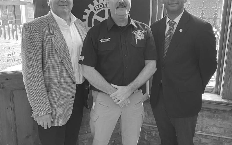 From left are Rotarian Wayne Vidrine, Ville Platte Fire Chief Chris Soileau, and Rotary President Brian Ardoin. (Photo courtesy of Misty Parker)