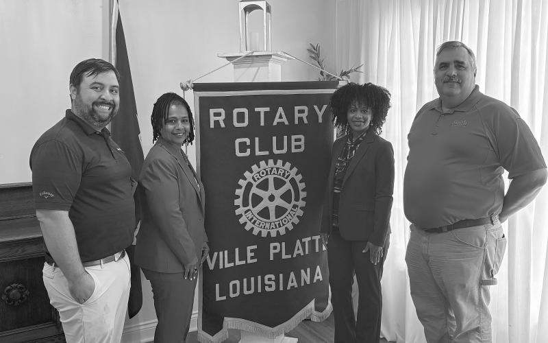 (Left photo) From left are Rotary President Beau Wilson, Angela Angello, Crystal Brooks, and Rotarian Scott Smith. Angello and Brooks were guest during the April 14 meeting of the Rotary Club of Ville Platte.