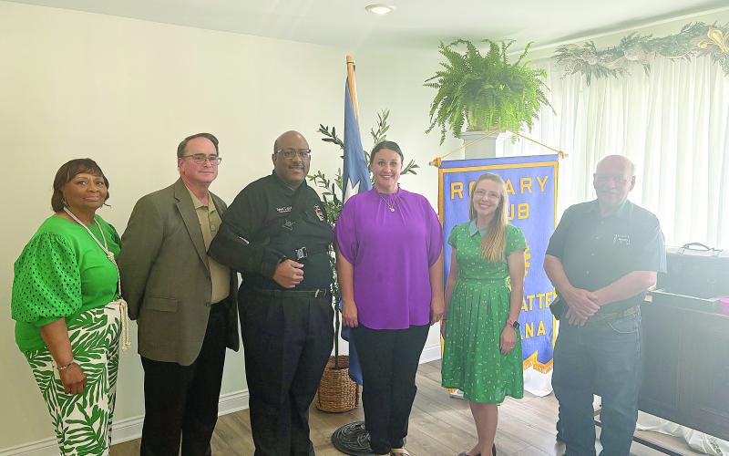 From left are Teacher of the Year Coordinator Grace Sibley, Assistant Superintendent Mike Lombas, Superintendent Darwan Lazard, Middle School Teacher of the Year Tracy Veillon, Elementary School Teacher of the Year Melanie Soileau, and Rotary President Bob Manuel. Not pictured is High School Teacher of the Year Rhonda Thomas. (Gazette photo by Tony Marks)
